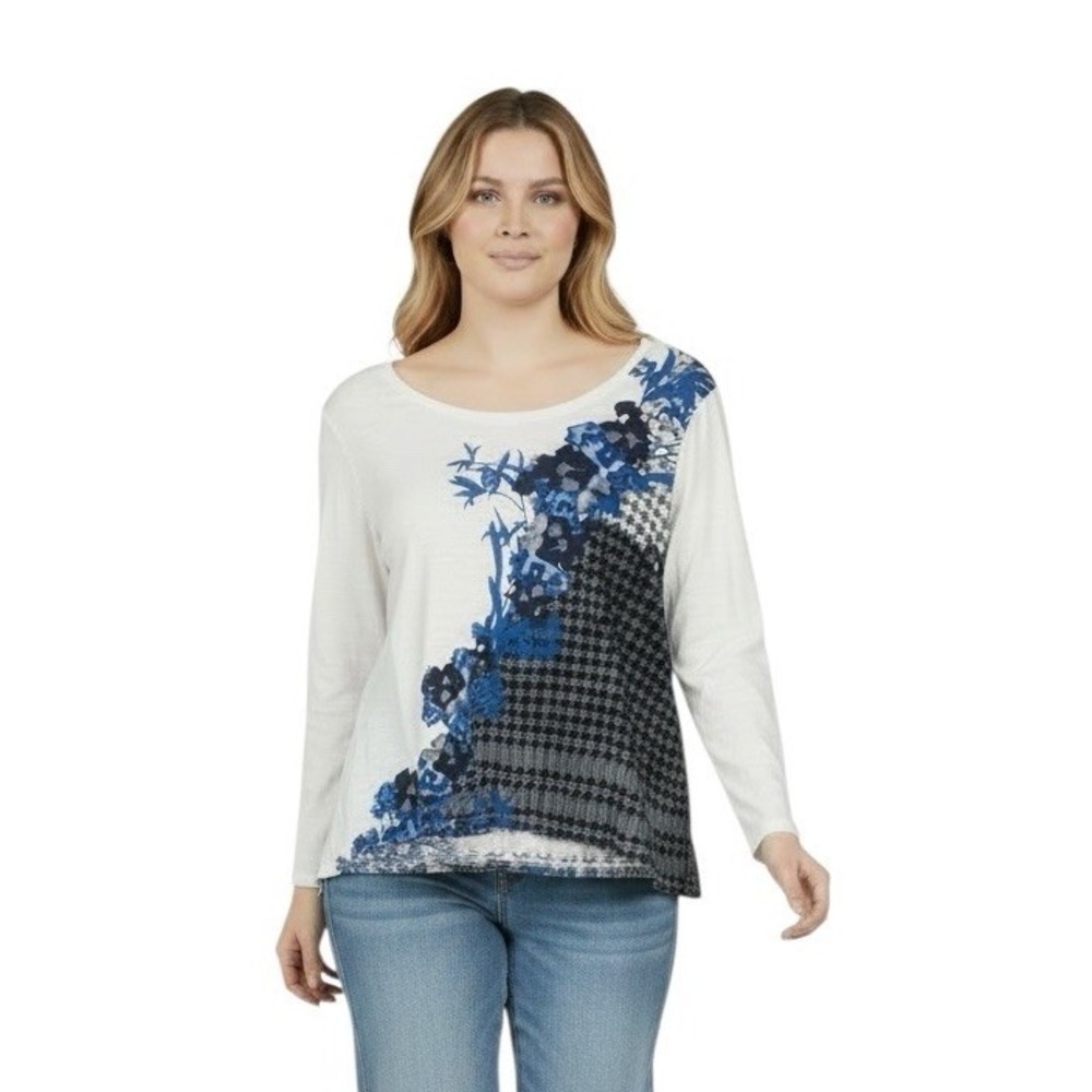 Chicos Size 2 US L Shirt Slub Knit 100% Cotton Floral Geometric Print Boho